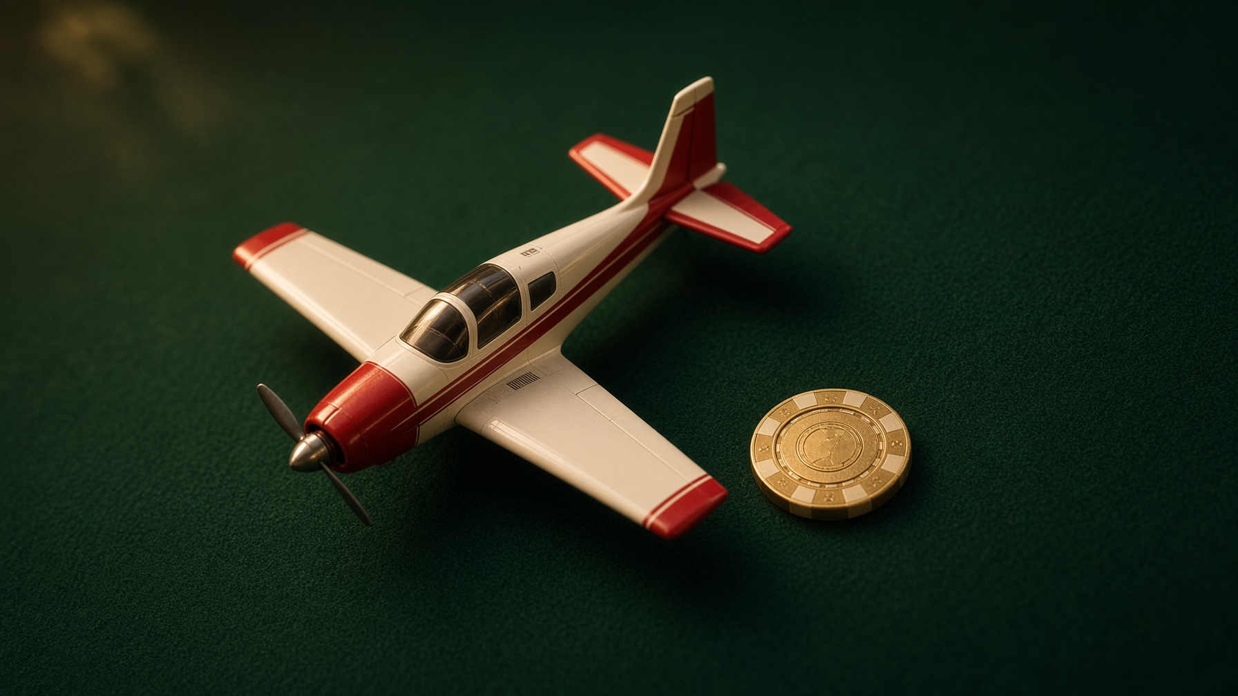 A red and white model plane on emerald felt