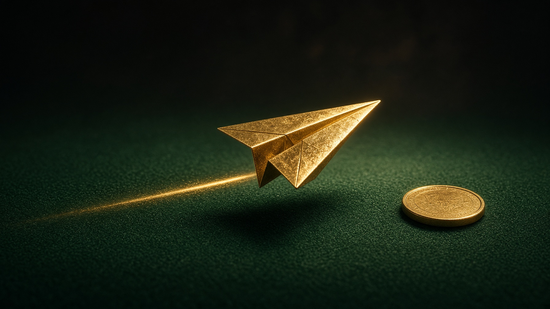 A gold paper plane lifting off emerald felt